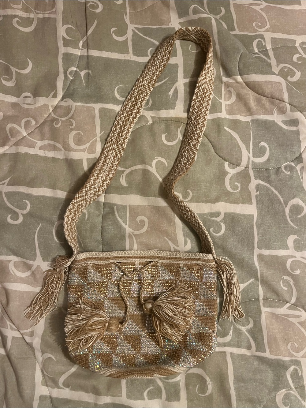 Handcrafted rhinestone-embellished Crocheted Wayuu Mochila bag